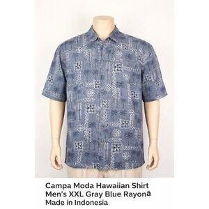 Campa Moda Hawaiian Shirt Men's XXL Blue Gray Tropical Palm Print Rayon